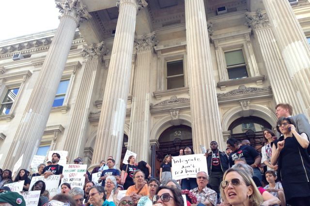 Bloomberg's supporters on the steps of DOE headquarters in downtown Manhattan on Wednesday